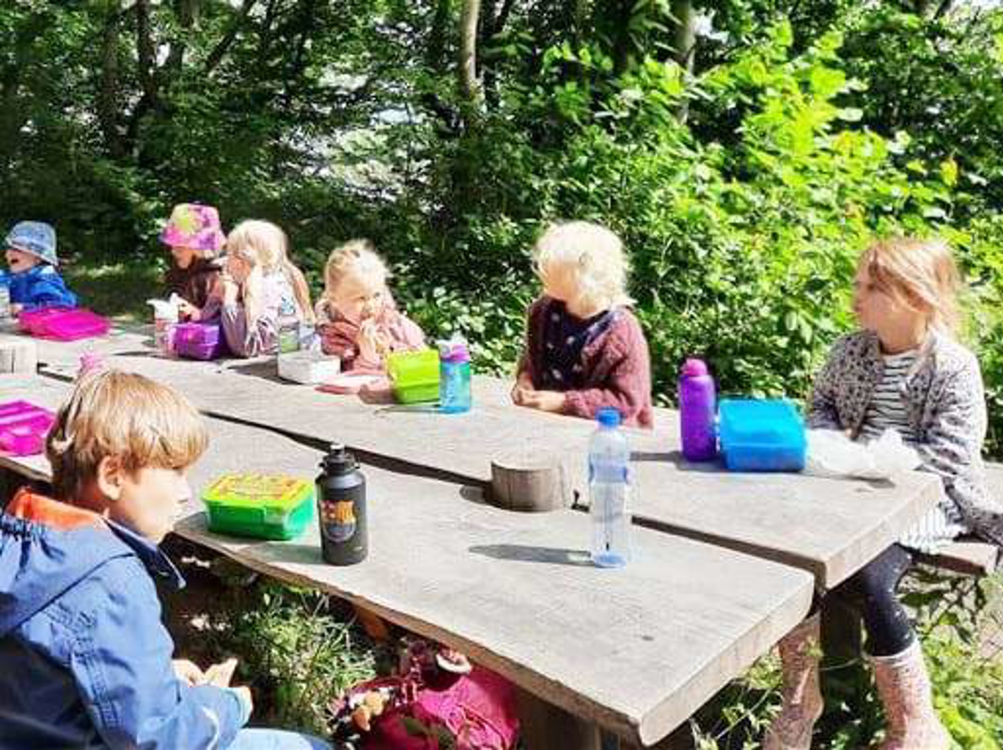 Børnehavens børn spiser madpakker på en bænk i Hørhaven
